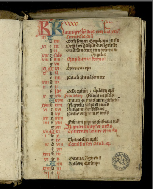 Większość świętych w nim wymieniona   charakterystyczna jest dla kalendarza XIII w. Również pismo głównej ręki wykonane jest minuskułą gotycką, książkową, wykazującą cechy  pisma wcześniejszego XIV w., możliwy jest też początek XV w.